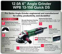 PTM-G603645420 6" Angle Grinder - 10,000 RPM - 12.0 Amps - w/ Non-Locking Paddle, Brake, Tether Point